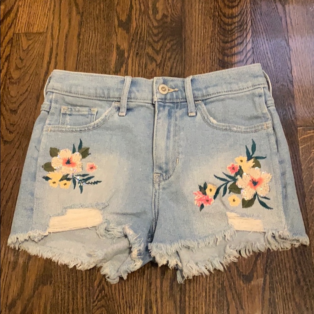 Hollister distressed floral detail denim shorts